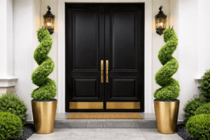 sztuczny bukszpan w formie spirali zaaranżowany przed wejściem do domu po obu stronach drzwi w złotych donicach